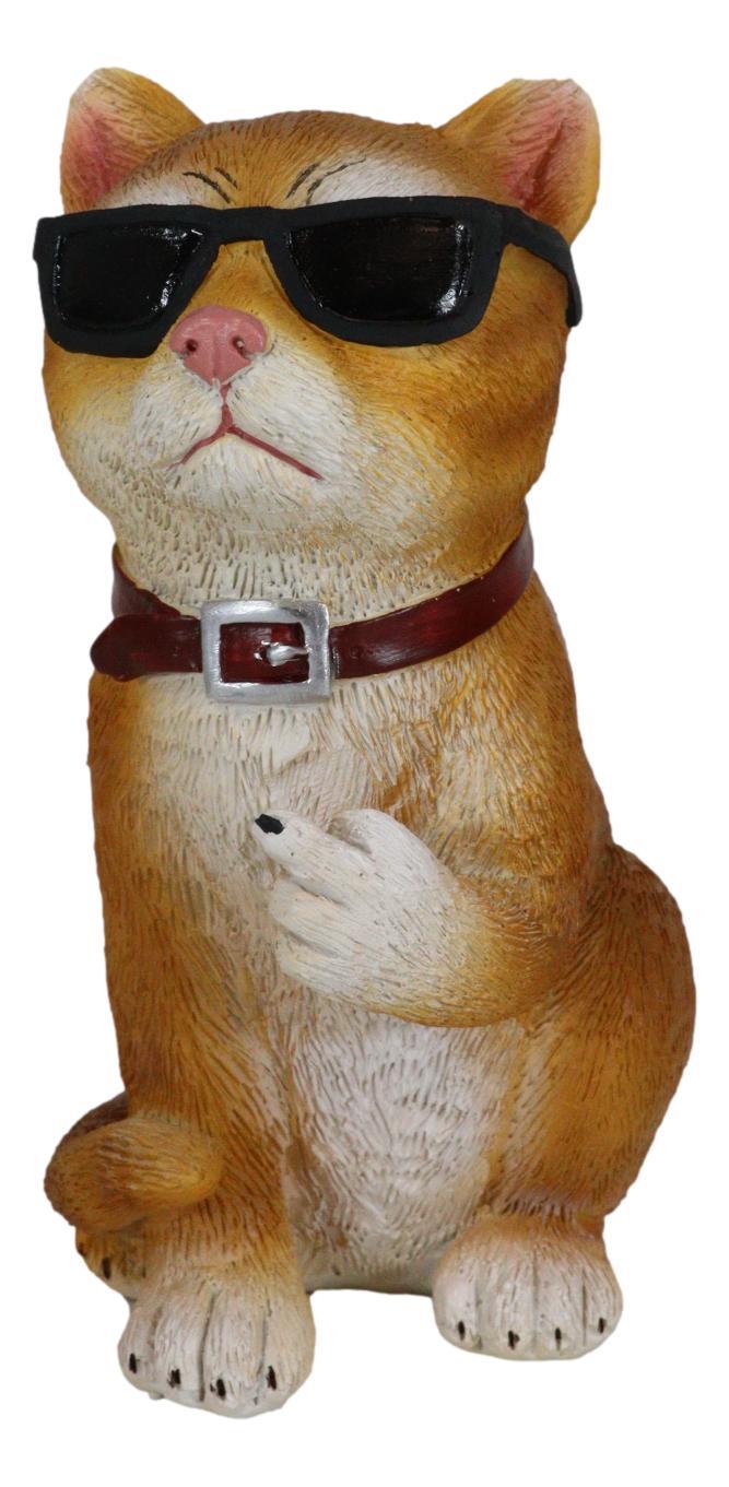 Ebros Gift No Pussies Here Tabby Cat With Shades Flipping The Bird Middle Finger Figurine