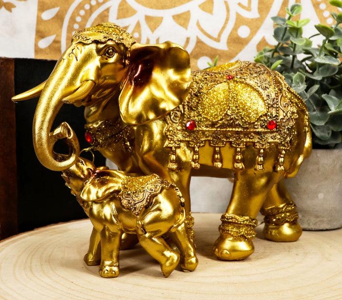 Ebros Gift Noble Golden Decorated Elephant Embracing Calf Buddha Figurine Sculpture