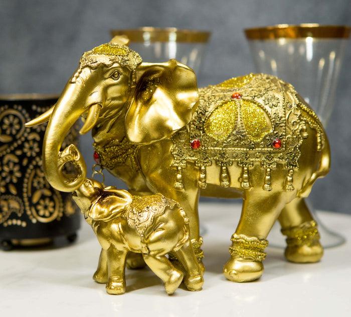 ebros gift Noble Golden Decorated Elephant Embracing Calf Buddha Figurine Sculpture