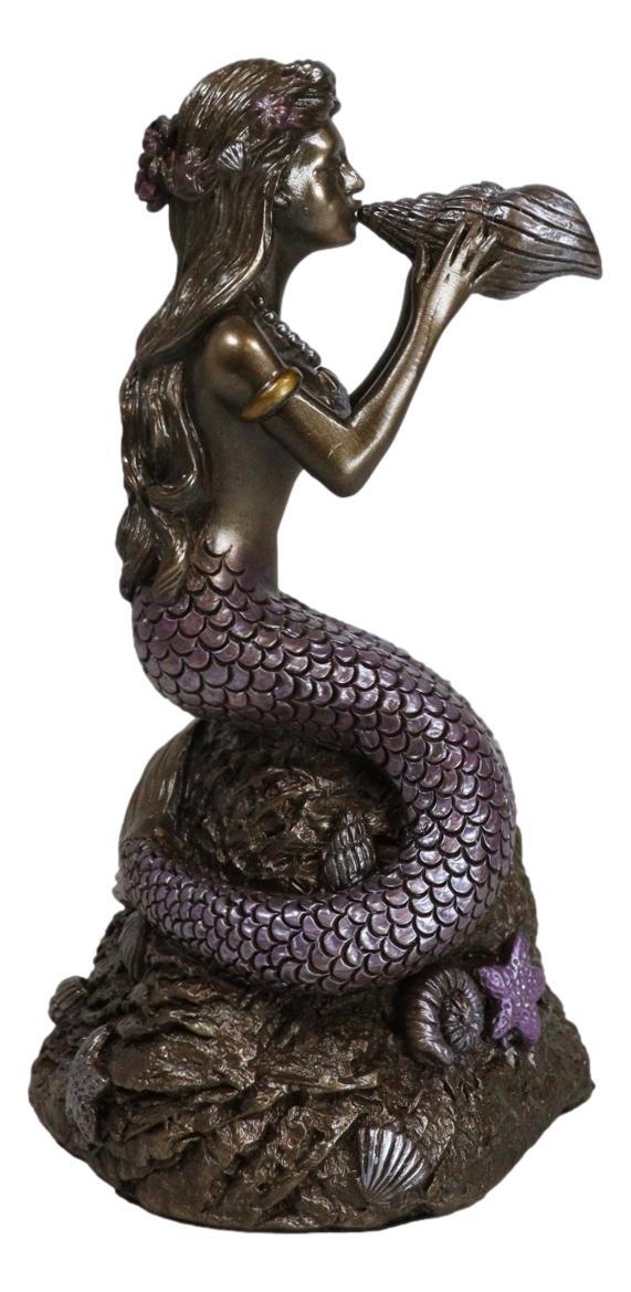 Ebros Gift Ocean Marine Mermaid Siren Princess Blowing Sconce Shell On Coral Rock Figurine