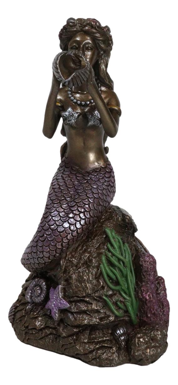 Ebros Gift Ocean Marine Mermaid Siren Princess Blowing Sconce Shell On Coral Rock Figurine