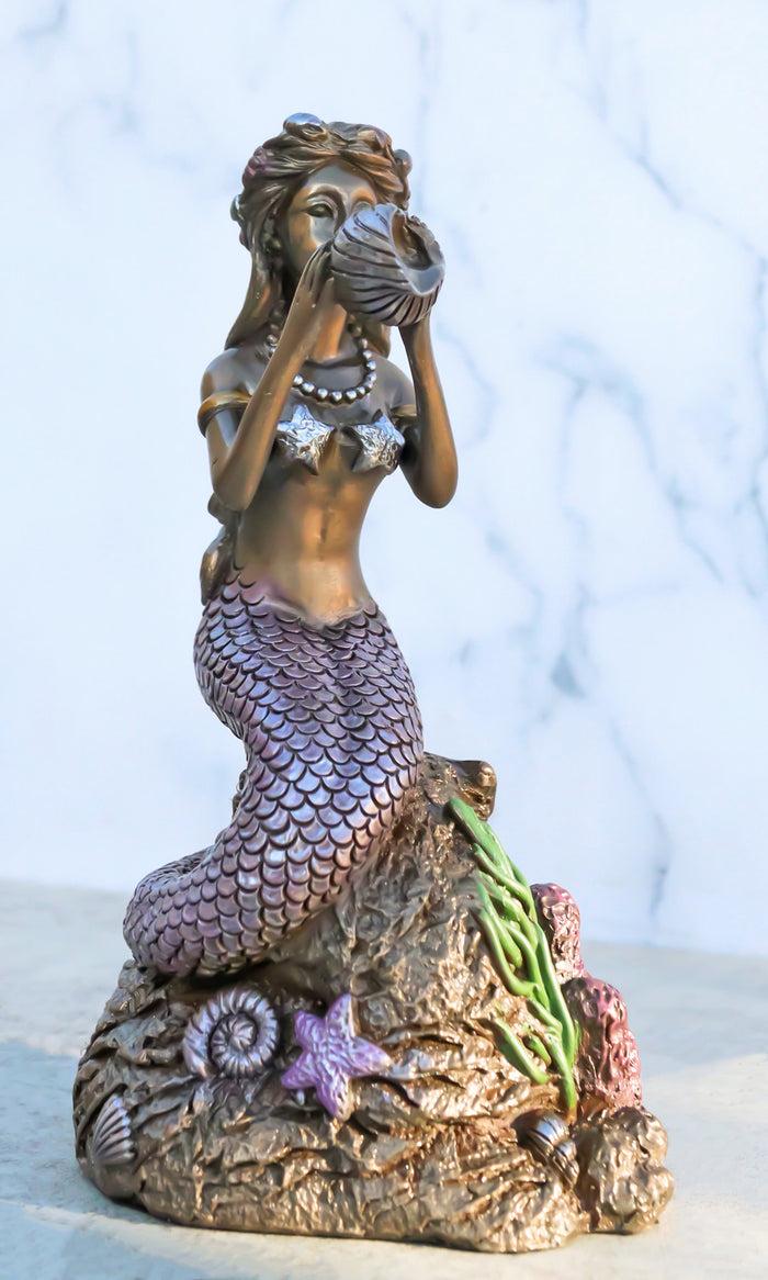 ebros gift Ocean Marine Mermaid Siren Princess Blowing Sconce Shell On Coral Rock Figurine