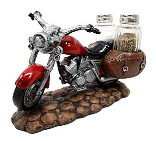 Ebros Gift Old Retro Red Chopper Motorcycle Bike Glass Salt Pepper Shakers Holder7.5"L