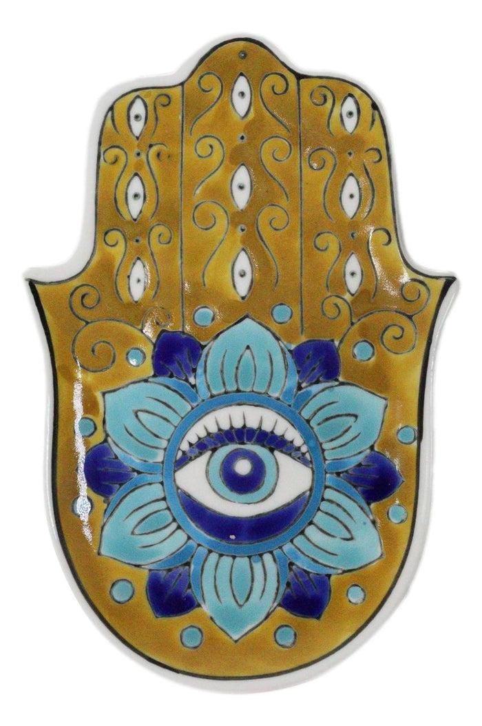 ebros gift Orange Chakra Hamsa Palm Mandala and Evil Eye Ceramic Dish Brass Incense Holder