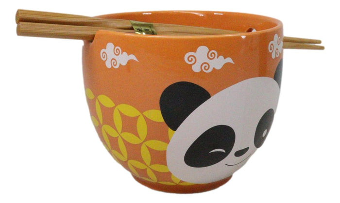 Ebros Gift Orange Lucky Panda Bear Ceramic Donburi Ramen Soup Bowl With Chopsticks Set