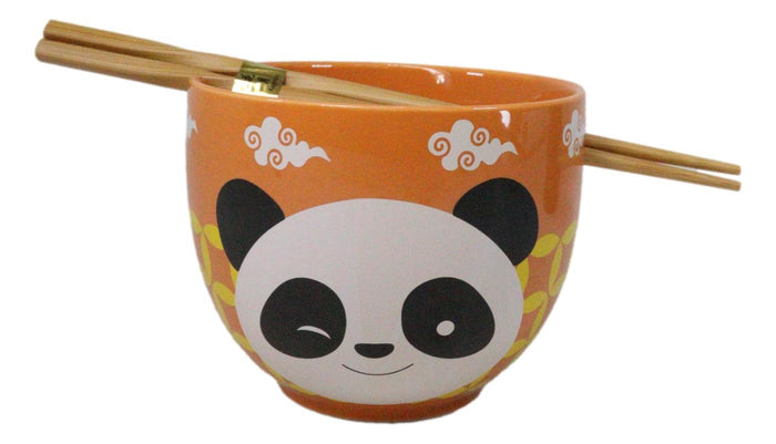 ebros gift Orange Lucky Panda Bear Ceramic Donburi Ramen Soup Bowl With Chopsticks Set