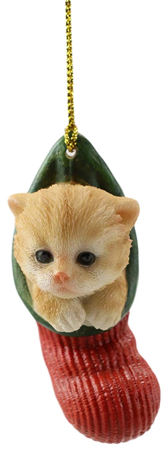 ebros gift Orange Tabby Cat Kitten in The Sock Small Hanging Ornament Figurine & Glass Eyes