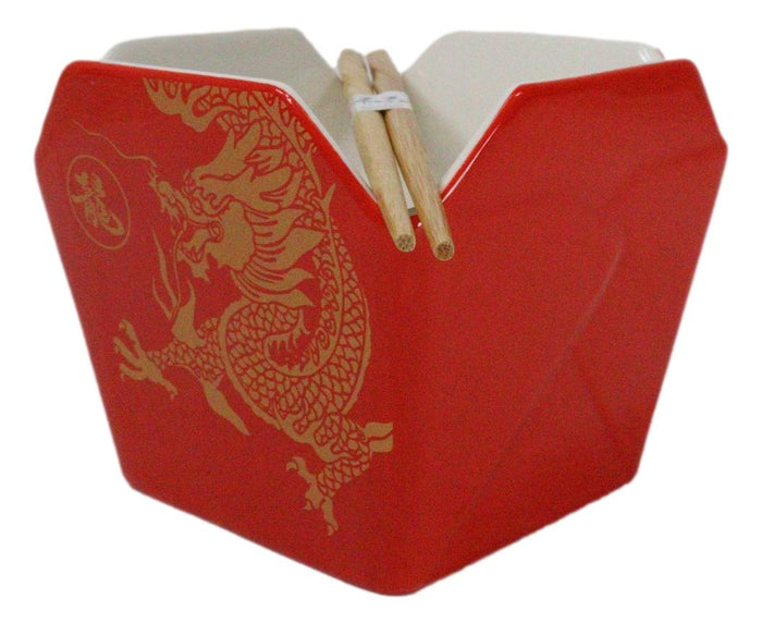 Ebros Gift Oriental Longwei Dragon King Takeout To Go Box Serving Bowl With Chopsticks Set