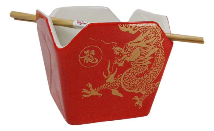 Ebros Gift Oriental Longwei Dragon King Takeout To Go Box Serving Bowl With Chopsticks Set