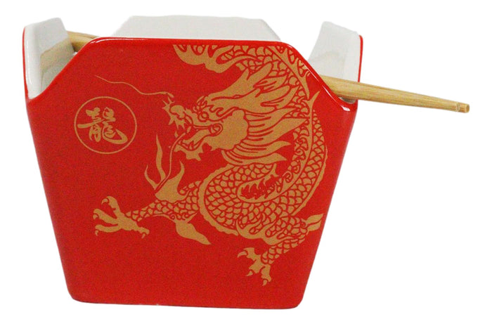 ebros gift Oriental Longwei Dragon King Takeout To Go Box Serving Bowl With Chopsticks Set