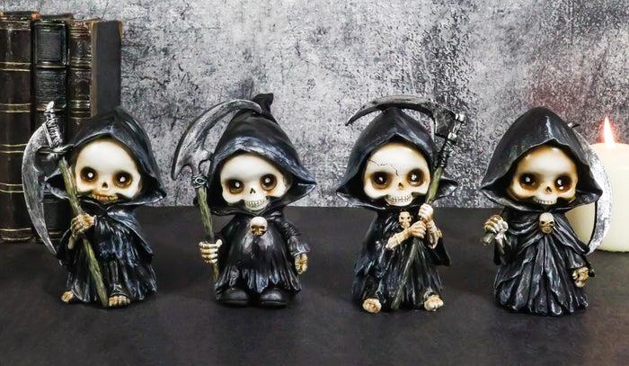 ebros gift Ossuary Macabre Whimsical Skeleton Chibi Grim Reapers With Scythes Figurines Set