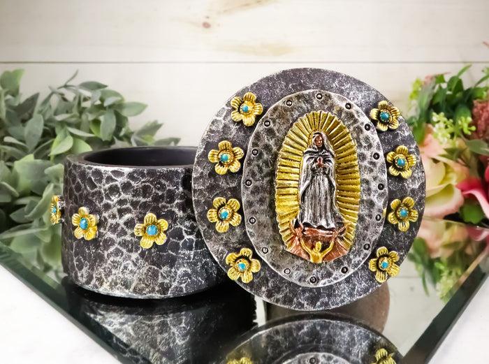 ebros gift Our Holy Lady Of Guadalupe Mother Mary Decorative Round Jewelry Rosary Box