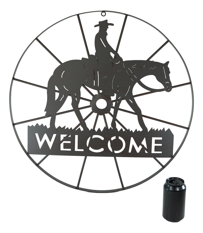 Ebros Gift Oversized 24"D Rustic Cowboy Riding Horse Wagon Wheel Welcome Sign Wall Decor
