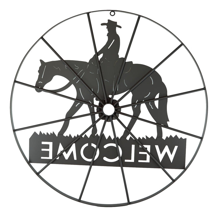 Ebros Gift Oversized 24"D Rustic Cowboy Riding Horse Wagon Wheel Welcome Sign Wall Decor