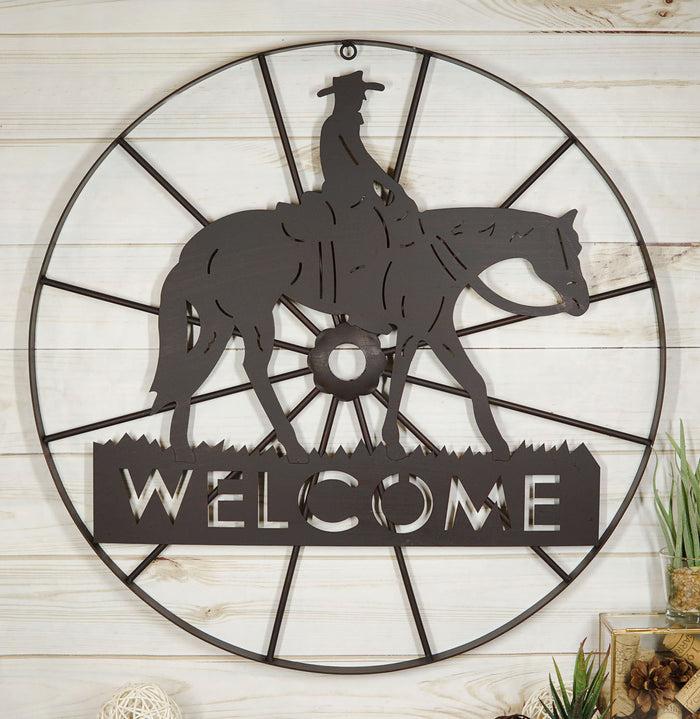 ebros gift Oversized 24"D Rustic Cowboy Riding Horse Wagon Wheel Welcome Sign Wall Decor