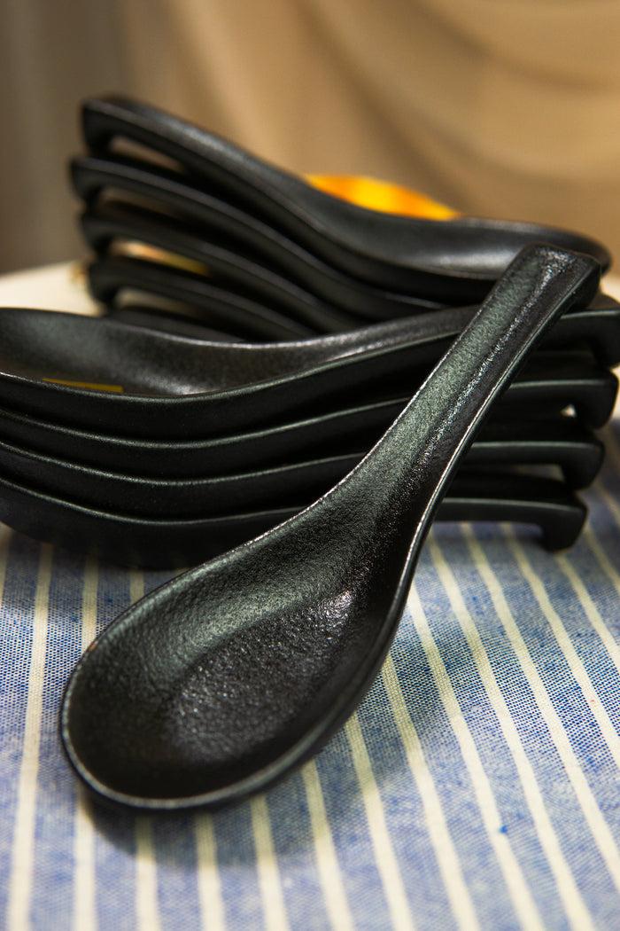 ebros gift Pack Of 10 Artistic Textured Speckled Black Ceramic Zen Ladle Hook Soup Spoons