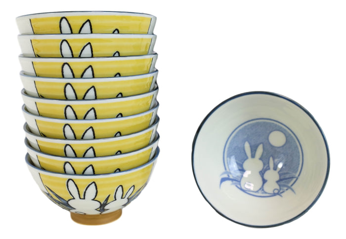 Ebros Gift Pack Of 10 Made In Japan Ceramic Colorful 2 Rabbits Gazing Moon Soup Rice Bowls