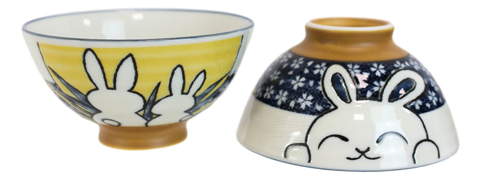 Ebros Gift Pack Of 10 Made In Japan Ceramic Colorful 2 Rabbits Gazing Moon Soup Rice Bowls