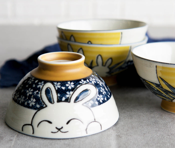 ebros gift Pack Of 10 Made In Japan Ceramic Colorful 2 Rabbits Gazing Moon Soup Rice Bowls