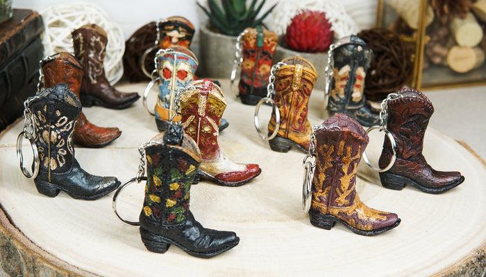Ebros Gift Pack Of 12 Western Cowboy Cowgirl Faux Tooled Leather Boots Keychain Figurines