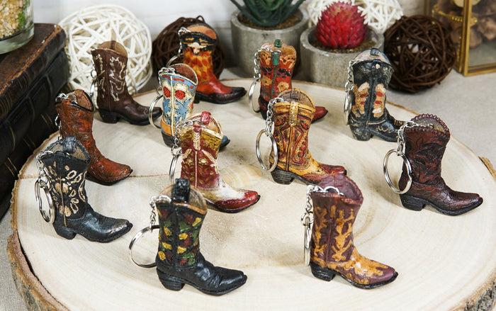 ebros gift Pack of 12 Western Cowboy Cowgirl Faux Tooled Leather Boots Keychain Figurines