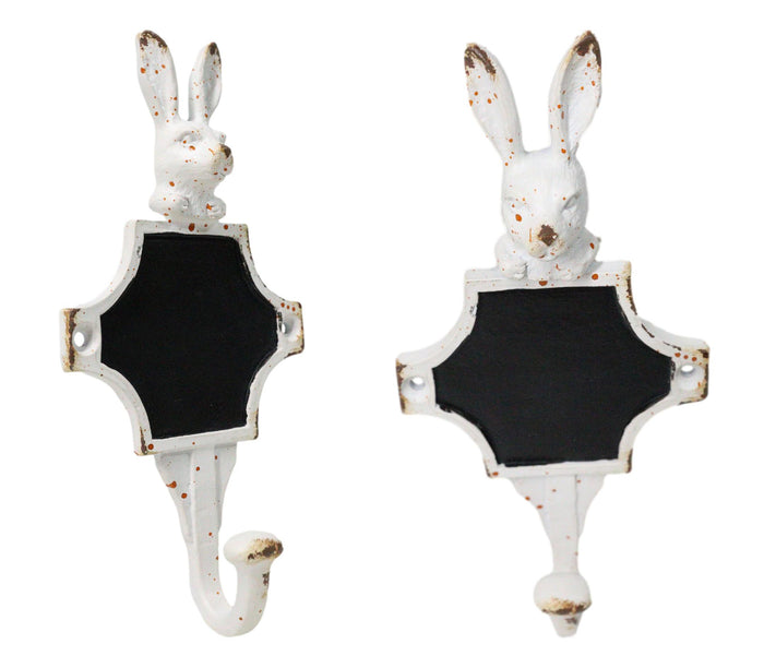 ebros gift Pack Of 2 Antique White Pewter Bunny Rabbit Head Wall Coat Hooks With Chalkboard