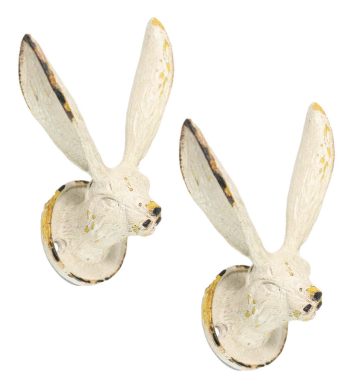 ebros gift Pack Of 2 Antique White Pewter Cottage Bunny Rabbit Wall Coat Hat Leash Hooks