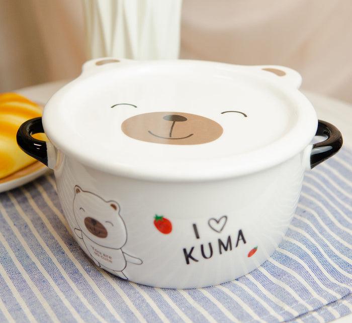 Ebros Gift Pack Of 2 Beige Kuma Bear Porcelain Kids Food Bowls 25Oz W/ Condiment Lid Plate