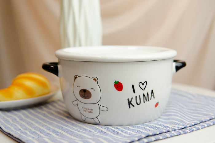 Ebros Gift Pack Of 2 Beige Kuma Bear Porcelain Kids Food Bowls 25Oz W/ Condiment Lid Plate