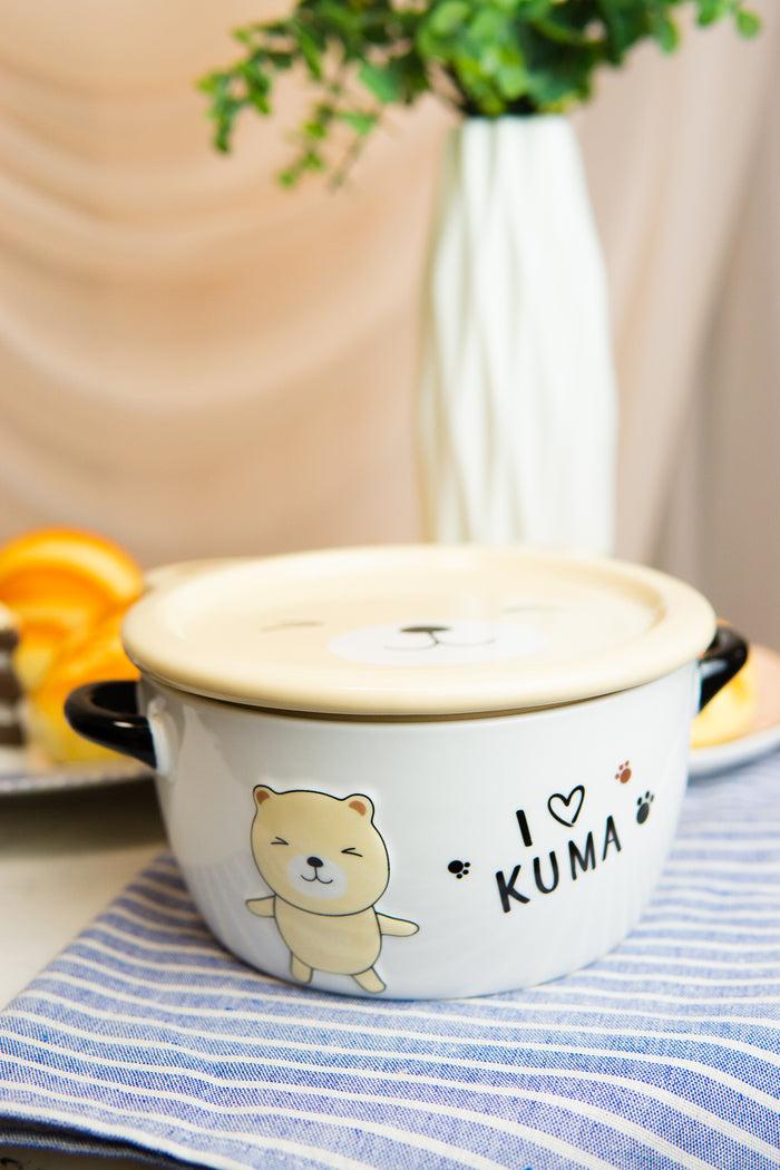 Ebros Gift Pack Of 2 Beige Kuma Bear Porcelain Kids Food Bowls 25Oz W/ Condiment Lid Plate