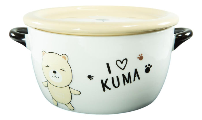 Ebros Gift Pack Of 2 Beige Kuma Bear Porcelain Kids Food Bowls 25Oz W/ Condiment Lid Plate