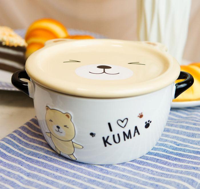 ebros gift Pack Of 2 Beige Kuma Bear Porcelain Kids Food Bowls 25Oz W/ Condiment Lid Plate