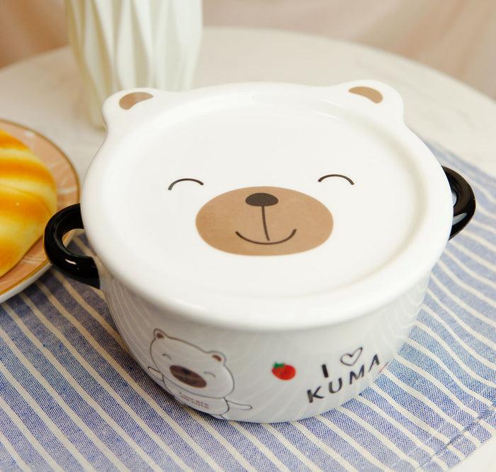 ebros gift Pack Of 2 Beige Kuma Bear Porcelain Kids Food Bowls 25Oz W/ Condiment Lid Plate