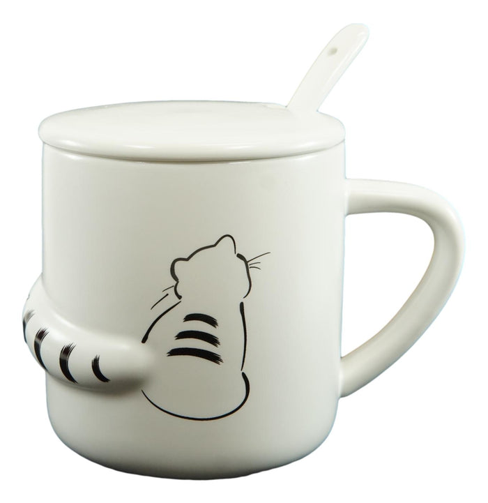 Ebros Gift Pack Of 2 Black White Abstract Cats 3D Tail Coffee Mugs With Lid And Spoon 12oz