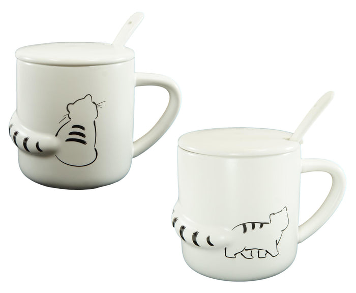ebros gift Pack Of 2 Black White Abstract Cats 3D Tail Coffee Mugs With Lid And Spoon 12oz