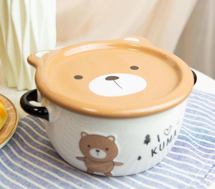Ebros Gift Pack Of 2 Brown And Beige Kuma Bear Porcelain Kids Food Bowls 25Oz W/ Lid Plate