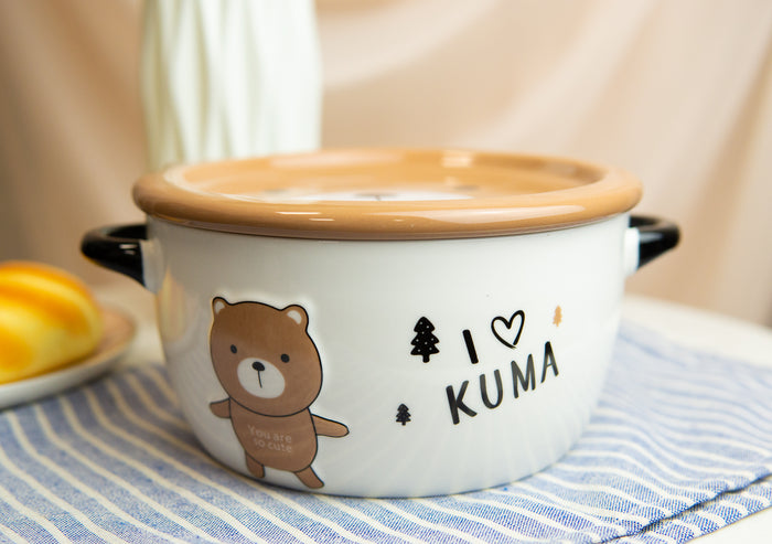 Ebros Gift Pack Of 2 Brown And Beige Kuma Bear Porcelain Kids Food Bowls 25Oz W/ Lid Plate