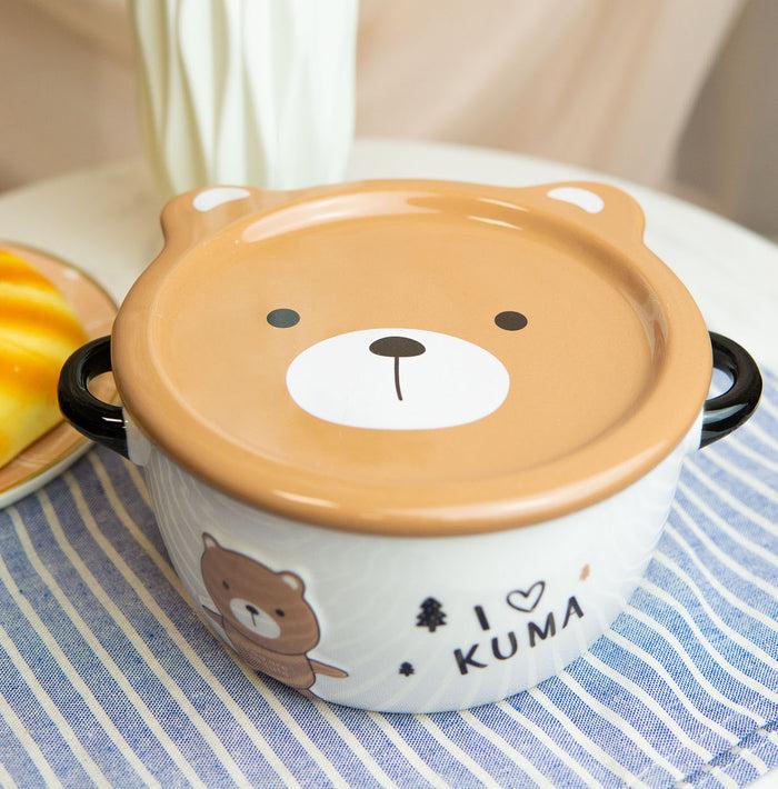 Ebros Gift Pack Of 2 Brown And Beige Kuma Bear Porcelain Kids Food Bowls 25Oz W/ Lid Plate