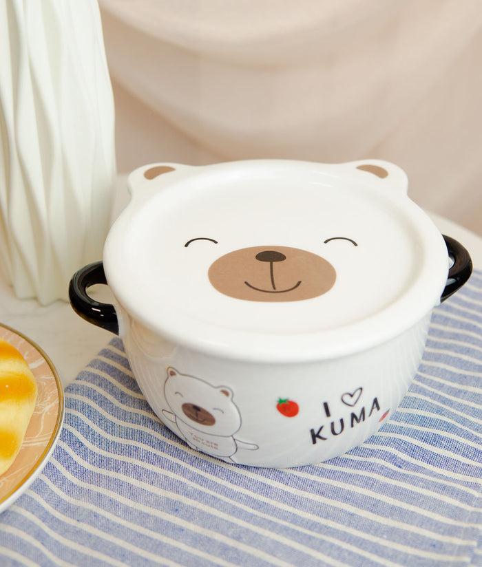 Ebros Gift Pack Of 2 Brown And White Kuma Bear Porcelain Kids Food Bowls 25Oz W/ Lid Plate