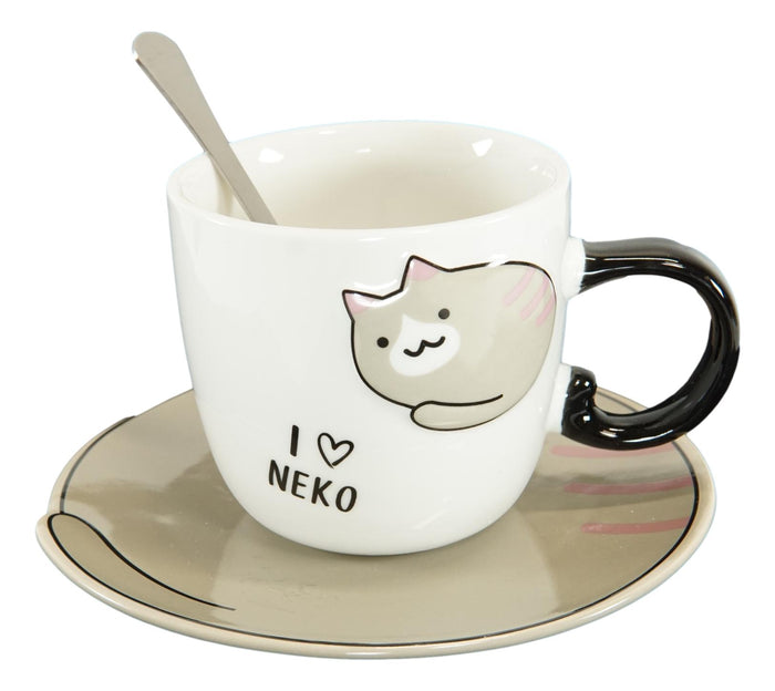 Ebros Gift Pack Of 2 Brown And White Maneki Neko Cat Mugs 8oz With Saucer & Notched Spoon