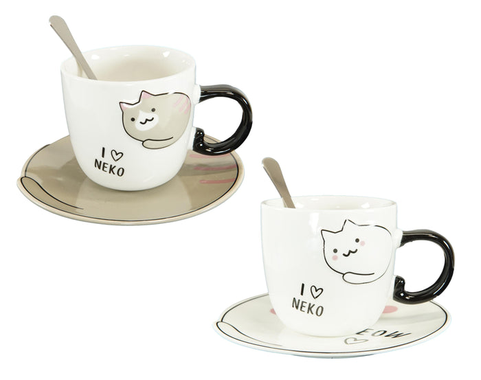 ebros gift Pack Of 2 Brown And White Maneki Neko Cat Mugs 8oz With Saucer & Notched Spoon