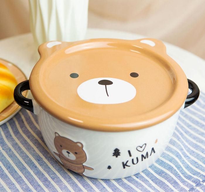 ebros gift Pack Of 2 Brown Kuma Bear Porcelain Kids Food Bowls 25Oz W/ Condiment Lid Plate