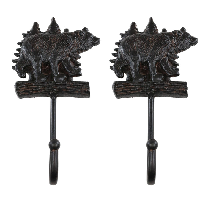 ebros gift Pack Of 2 Cast Iron 9"H Rustic Forest Black Bear By Pine Trees Forest Wall Hooks