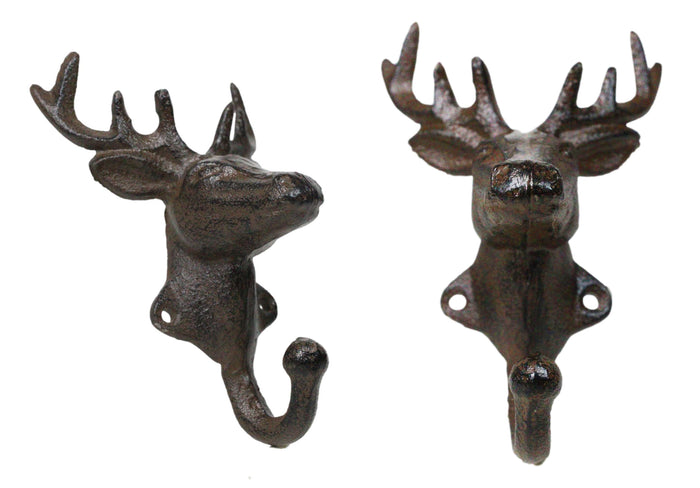 ebros gift Pack Of 2 Cast Iron Rustic Elk Deer Head With Antlers Wall Coat Hook Sculptures