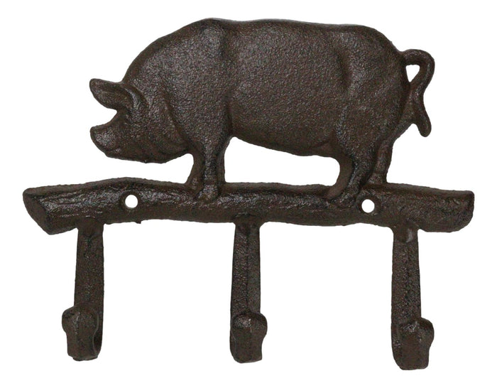 ebros gift Pack Of 2 Cast Iron Rustic Farmhouse Hog Boar Pig 3 Peg Wall Hooks Organizer