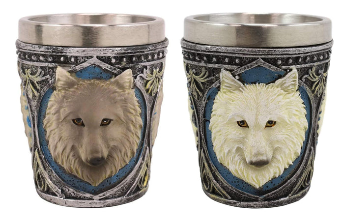 ebros gift Pack Of 2 Full Moon Mythical Spirit Alpha Grey And White Wolf 2-Oz Shot Glasses