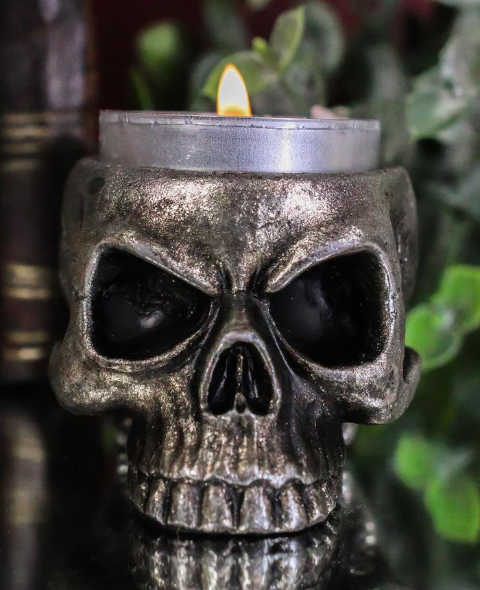 ebros gift Pack Of 2 Gunmetal Finish Evil Death Skull Small Votive Candle Or Crystal Holder