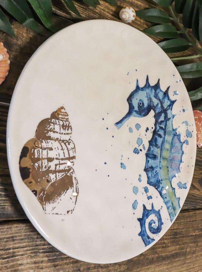 ebros gift Pack Of 2 Nautical Marine Blue And White Seahorse Ceramic Wall Decor Plates