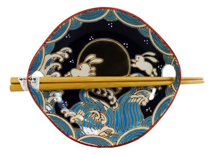 Ebros Gift Pack Of 2 Rabbits By Black Moon Appetizer Coupe Plate Flat Bowl With Chopsticks