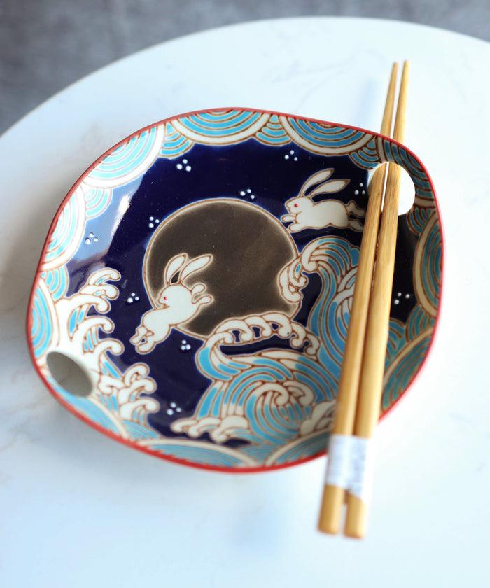 Ebros Gift Pack Of 2 Rabbits By Black Moon Appetizer Coupe Plate Flat Bowl With Chopsticks